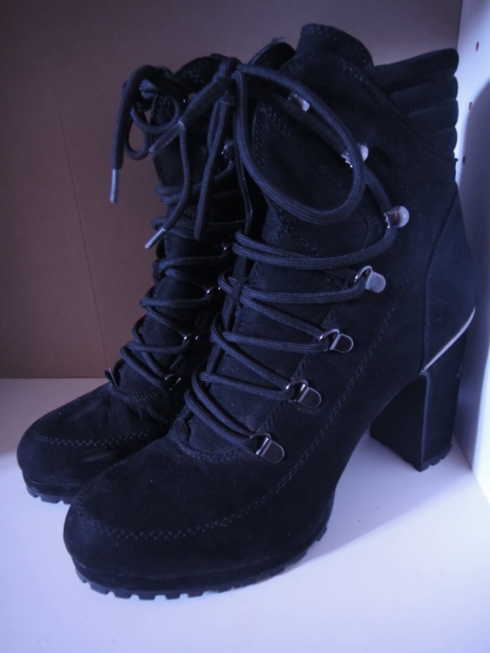 DKNY Black Suede Lace-Up Block Heel Ankle Boots